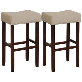 2 Set of 29 Inch Height Upholstered Bar Stool with Solid Rubber Wood Legs and Footrest-Beige - Color: Beige