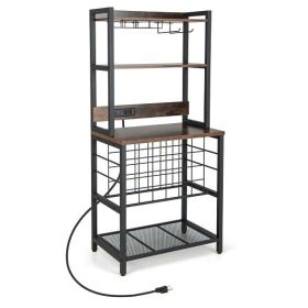 Wine Bar Cabinet Wine Rack with 4 Tier Storage Shelves and Glass Holders-Brown - Color: Brown - Size: 4-Tier