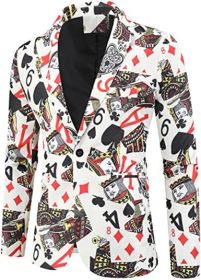 Men's Poker Pattern Suit Jackets Fashion Slim Fit Jackets Suit Collar Single Row One Button Blazers (Color: FLOWER-XL)