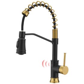 Touchless Sensor Commercial Style Pull-Down Single Handle Kitchen Faucet (Color: Black+Gold)