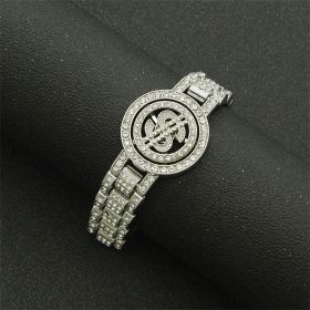 Gold/Silver Bracelet for Men with Turning Dollar Sign Hip Hop Personality Cool Full Diamond Punk Bracelet (Color: Silver)